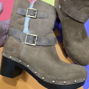 UGG Australia Brown Suede Studded Shearling Clog Boots Women's Size 9 US / 40 EU